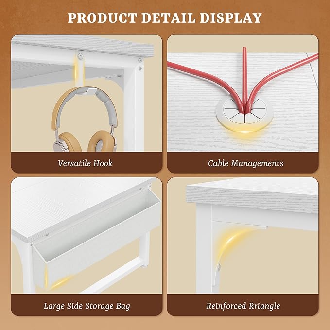 Computer Desk with Monitor Stand &amp 24mm Thicker DesktopGaming Desk with Power Outlets &amp LED LightWhite Writing Desk for Home Office Study Bedroom White