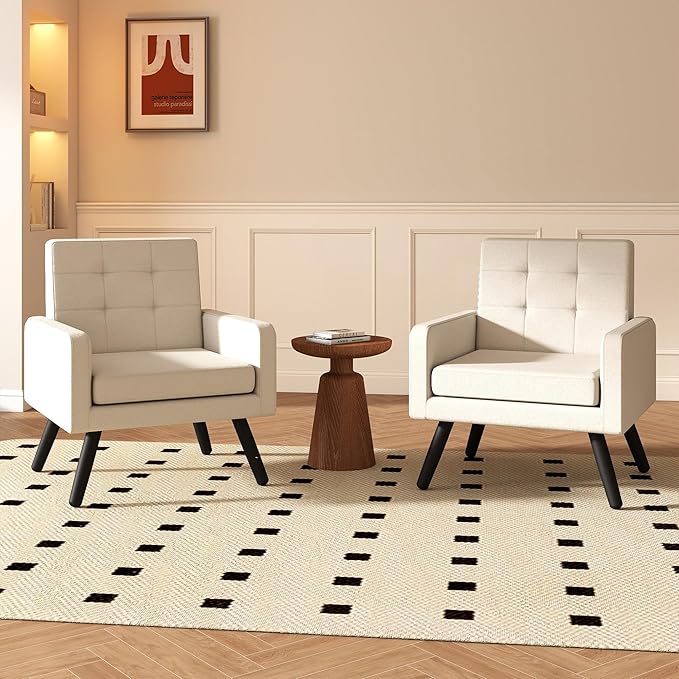 Accent Chair for Living Room Set of 2 Mid-Century Modern Comfy Upholstered Armchair with Large Seat Single Sofa Reading Chair 496 Lb. Weight Capacity for Bedroom Apartment Cream