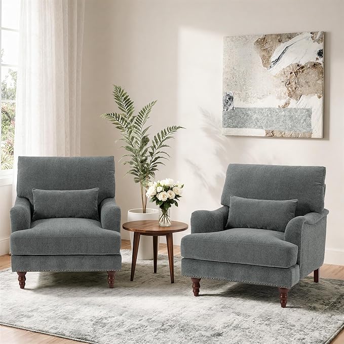 Mid-Century Modern Accent Chair Upholstered Chenille Arm Chair with Wood Frame &amp Pillow for Living Room Bedroom Comfy High-Resilient Sponge Reading Lounge Sofa Chair for Small Spaces