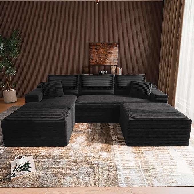 3-Piece Boneless Modular Sectional Sofa Cloud Couch Left Facing Chaise with Ottoman Oversized Deep Seat Soft Corduroy Fabric Sectional Couch for Living Room-blackb