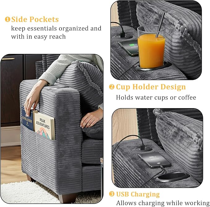 Gexpusm Modular Sectional Sofa99 Couches for Living RoomCorduroy Sofa with Ottoman &amp PillowCloud Sectional Couch with Cup Holders &amp USBSide Pockets3-Seat Corduroy Boneless Chair Indoor (