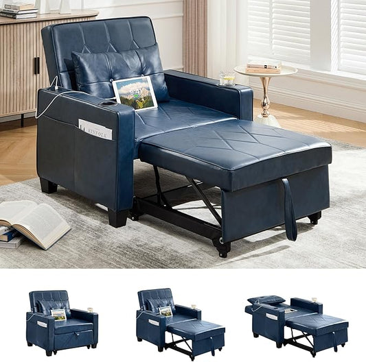 TYBOATLE Convertible Sleeper Chair Bed for Adults 3-in-1 Pull Out Sofa Chair Bed with USB/Type-C Ports Cup Holders Side Pockets Single Leather Sofa for Living Room Bedroom Office (Blue)