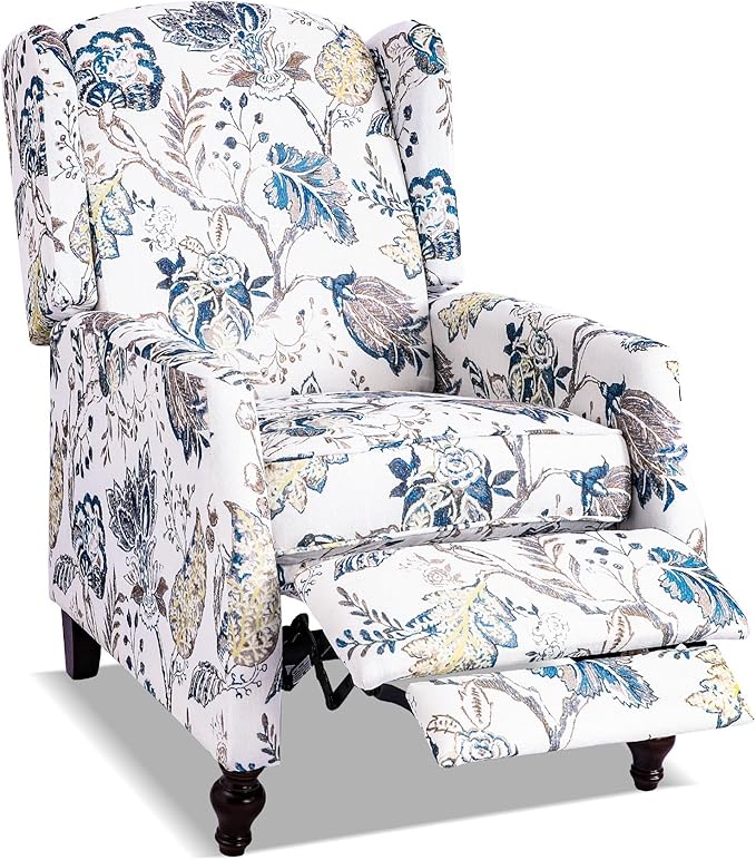 Mid Century Modern Wingback Recliner Chair for Adults Push Back Upholstered Accent Chair with Floral Fabric Manual Reclining Armchair for Living Room Bedroom Reading Corner (Blue Botanical)