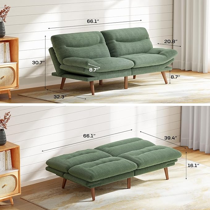 Marsail Futon Sofa Bed 66” Futon Couch with Adjustable Backrest &amp Armrests Convertible Small Sleeper Sofa Bed for Small Apartments Study Room Office Corduroy Loveseat Olive Green