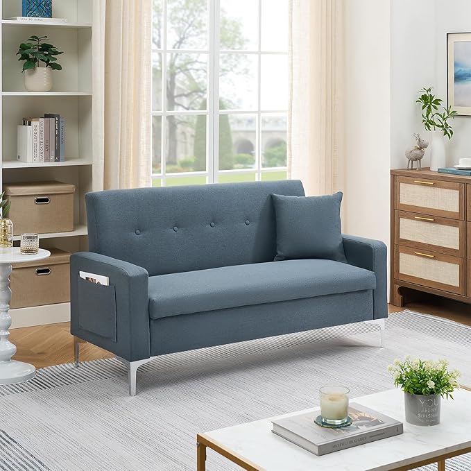 57 Grey Suede Couch Mini Comfy Sofa with Spring Cushions Loveseat Storage Sofa for Bedroom Small Couch for Small Spaces Modern Living Room 2 Seater Sofas with Pillow Seat (Grey)