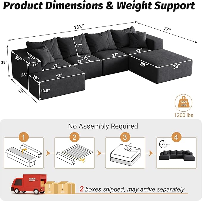 Modular Sectional Couches for Living Room Oversized L Shaped Sleeper Sofa Bed with Ottoman Chenille No Assembly Required (Minimalist Black)