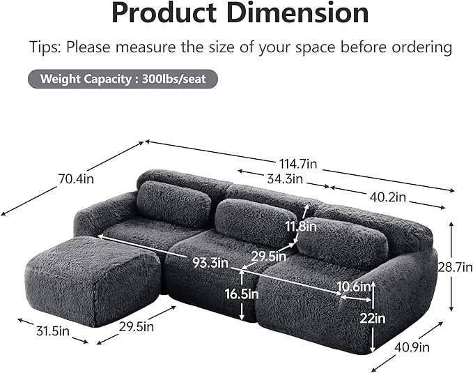 115 Sectional Couches for Living Room Comfy Boneless Couch 3 Seater Cloud Sofa Compressed L Shaped Couch with Ottoman Modern Modular Sectional Plush Floor Sofa No Assembly (Grey)
