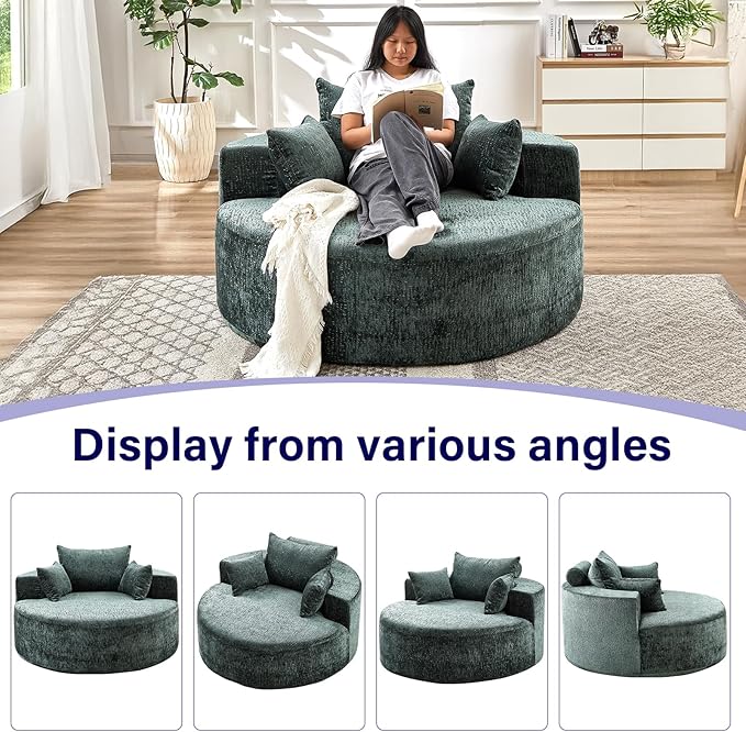 55''L Chenille Sponge Single Sofa Oversized Round Chair Fluffy Modern Longue Chair for Living Room Projection RoomWide Armrest Lounge Chairs Armchair with Pillow Green