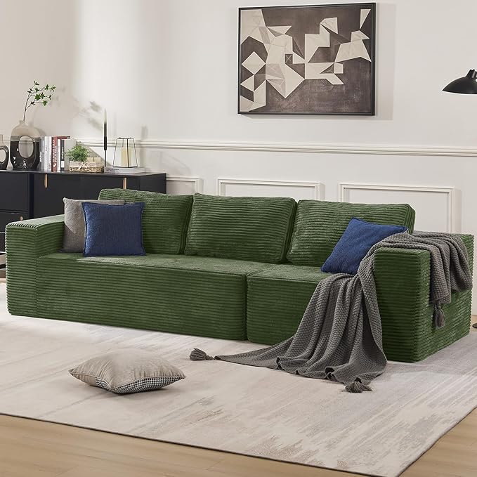 106 3-Seater Sofa Cloud Modular Sofa with Certified Foam Upholstered Floor Sofa with Deep Seat Sofa for Bedroom Living Room No Assembly Required (Green Plush Corduroy Fabric)