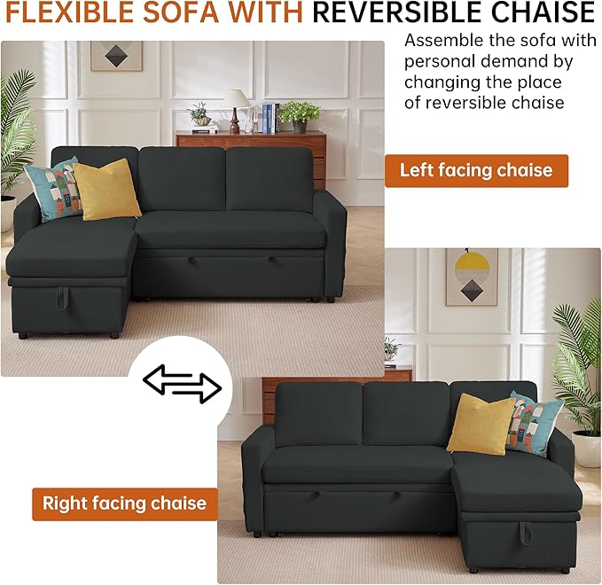 79 Sleeper Sofa Bed Convertible Sofa Pull Out Couch with Storage | Reversible Chaise | L Shaped | Layered Storage | 3-Seater Comfy Sectional Couch Pullout Bed for Living Room Black