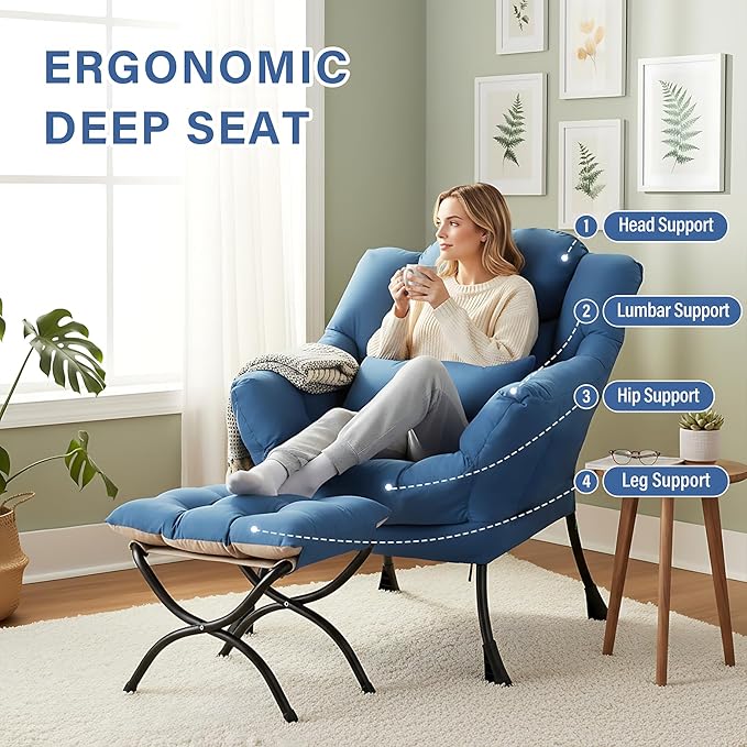 Lazy Chair with Ottoman Modern Lounge Chair with Lumbar Pillow Accent Cozy Reading Armchair and Folding Footstool for Bedroom Dorm Living RoomPeacock Blue