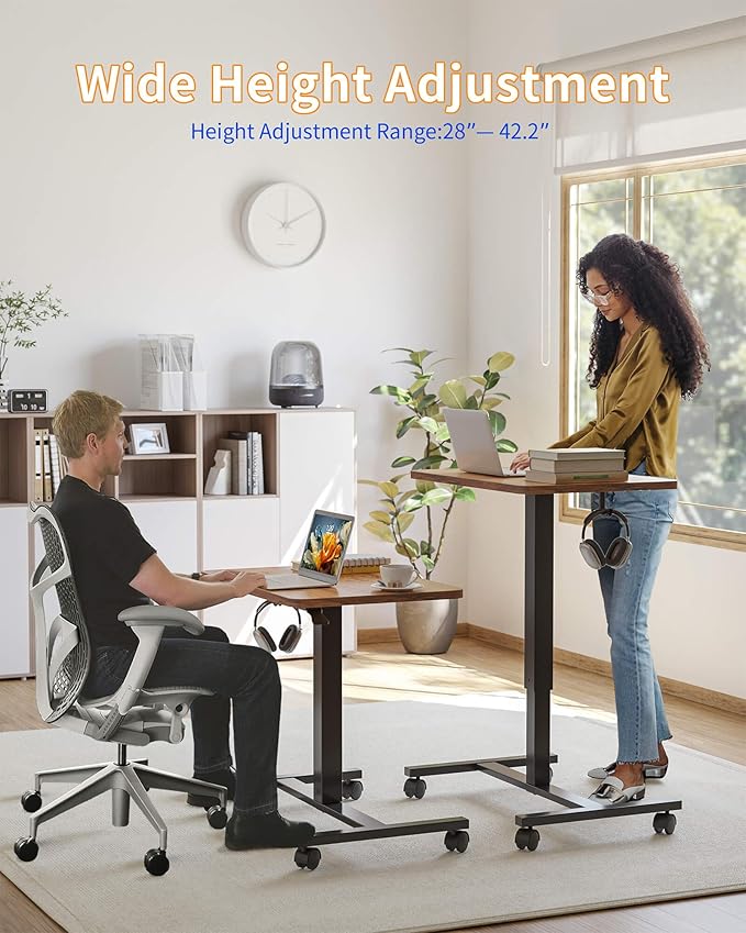 YIHAYO Mobile Small Standing Desk 24 x 16 Inches Adjustable Height Portable Rolling Laptop Desk with Lockable Wheels Computer Workstation for Home Office with Hook Rustic Brown
