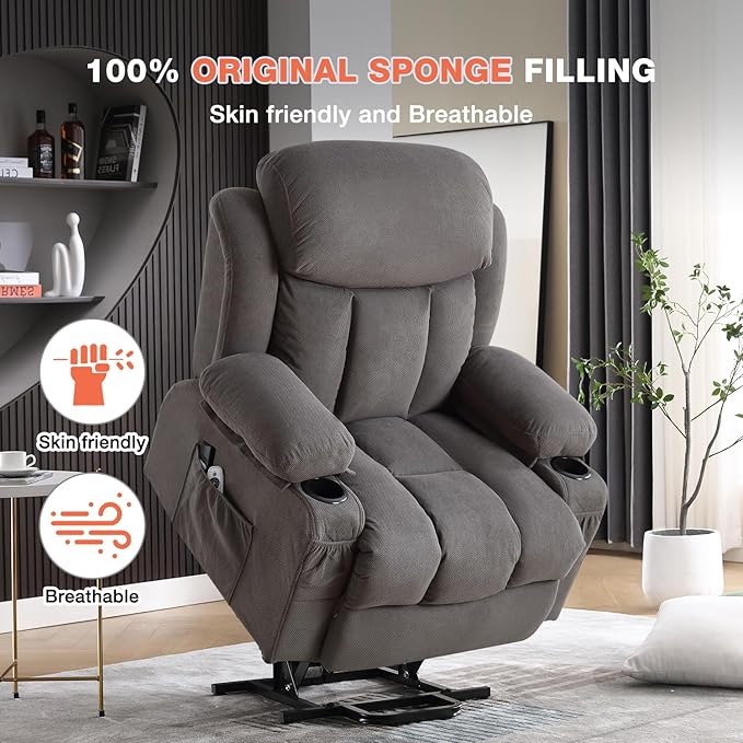 Power Lift Recliner Chair for Elderly with Vibration Massage and Lumbar Heating Electric Lift Recliner Single Sofa with Side Pocket Two Cup Holders and USB Charge Port for Living Room