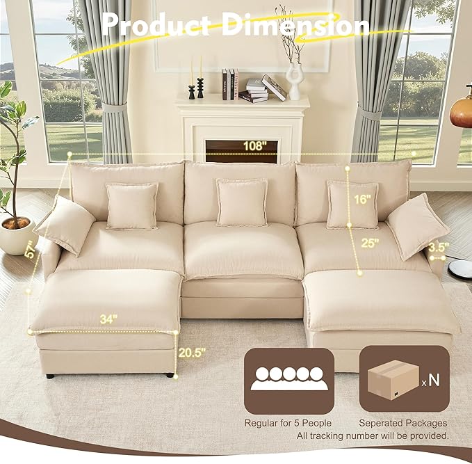 108 U Shaped Couch Modular Sectional Sofa 3-Seater Comfy Cloud Couch Set of Modular Pieces with Movable Ottoman Deep Seat Couches for Living Room Linen Beige