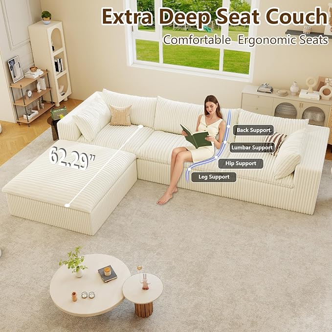 Modular Sectional Sofa Corduroy Plush L Shape Cloud Couch Modern Deep Seat Boneless Couches for Living Room Large Compression Sofas Luxury Fluffy Couchs Sectionals White
