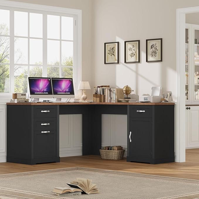 HIFIT Farmhouse Executive L Shaped Desk with Power Outlets 60 Corner Computer Desk with 3 Storage Drawers &amp 2 File Cabinets L Shaped Home Office Desk for StudyBlack