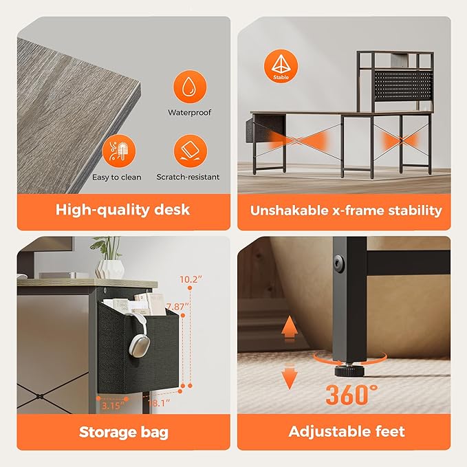 Mericonia 59 inch Large L Shaped Desk with Pegboard Hutch &amp Shelves Corner Gaming Desk with Power Outlet LED Light &amp Storage Bag Reversible Computer Desk for Home Bedroom Office Workspace
