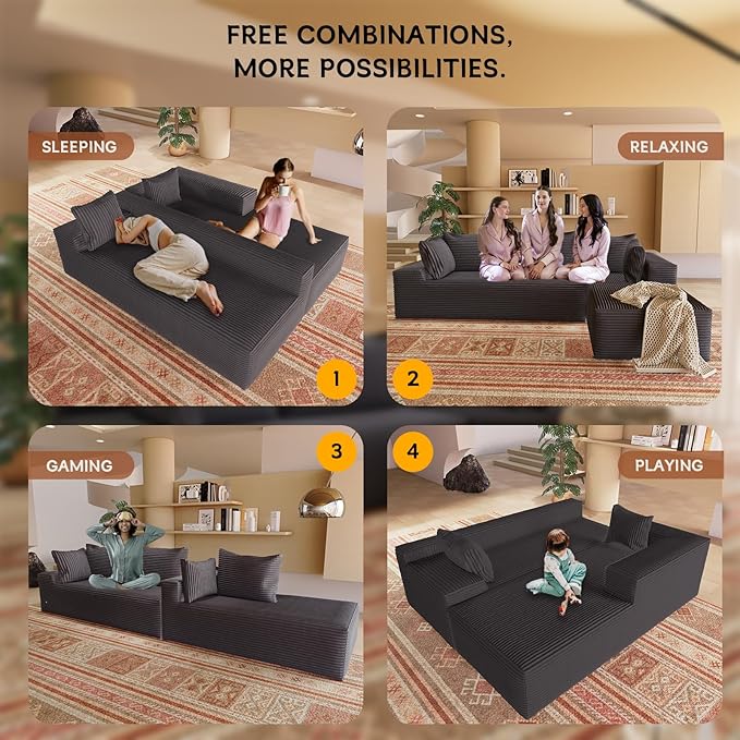 104” Cloud Sectional Couch with L-Shape Chaise Convertible Sofa with Deep Seat Modern Oversized Fluffy Couch with Sleeper Chaise Corduroy Sofas Bed Minimalist Sofa Couches(Black)