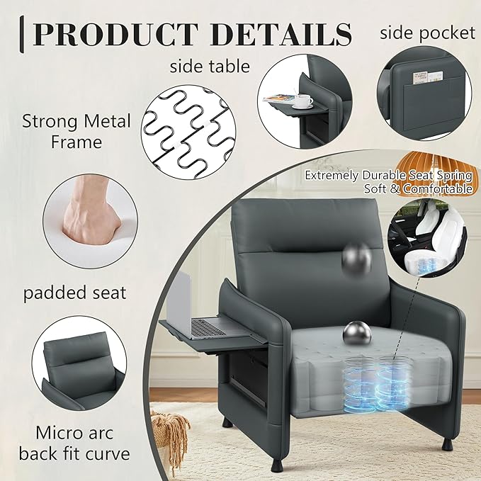 Alunaune Upholstered Living Room Chair Armchair Mid Century Accent Chair Reception Couch Slipper Club Lounge Chair Guest Comfy Single Sofa with Sidetable for Bedroom-Grey