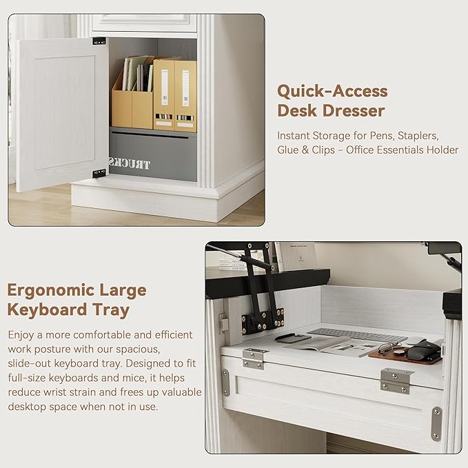 Farmhouse 57 Lift Up Executive Desk with 5 Drawers and Charging Station Wood Home Office Computer Desk with File Cabinet Storage Keyboard TrayHeadphone Hook for WorkStudy (White+Black)