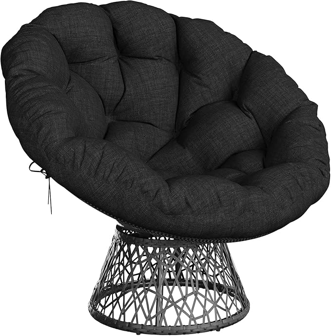 Garvee Papasan Chair 37 Ergonomic Wicker Papasan Chair with Extra-Thick Soft Fabric Cushion Heavy-Duty Steel Frame 360° Swivel Base for Living Room Bedroom &amp Reading Nook – All Black