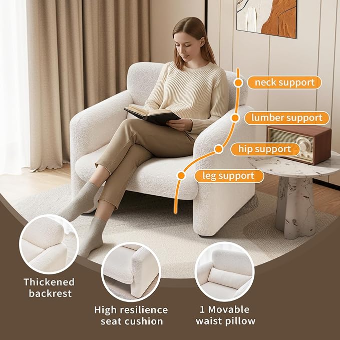 33.86 Accent Chairs Modern Sherpa Fabric Armed Chair Comfy Upholstered Armchair Leisure Single Sofa Chair with a Waist Pillow for Bedroom Office and Living Room
