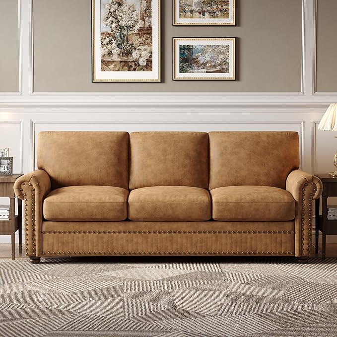 ONBRILL Faux Leather Sofa 84 Inches Nailhead Trim Couch for Living Room Mid-Century Modern Deep Seat Sofa with Rolled Arms Classic 3 Seater Couch for Apartment Office Caramel