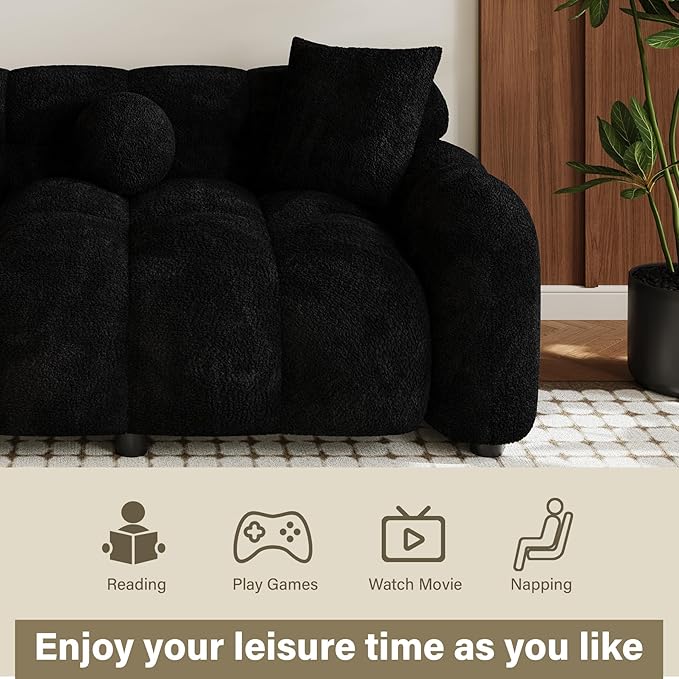 Boucle Sofa Couch 64.7 Modern Tufted Upholstered Teddy 2 Seater Loveseat Sofa with 3 Pillows Comfy Sherpa Deep Seat Cloud Couch Small Love Seat for Living Room Apartment Black