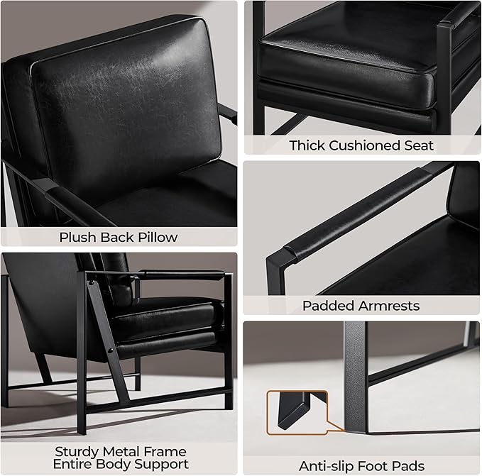 Yaheetech PU Leather Armchair Retro Leisure Accent Chair with Extra Soft Padded and Cushion Modern Reading Arm Chair with Black Metal Frame for Living Room/Office/Bedroom/Study Black