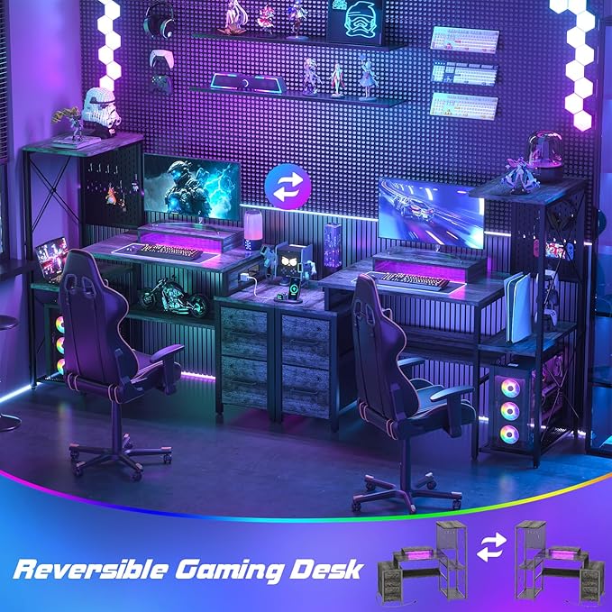Small Gaming Desk with 2 Fabric Drawers - Reversible Computer Desk with Power Outlet &amp LED Lights 49 Office Desk with Monitor Stand &amp Storage Shelves Writing Study Table with Pegboard Grey