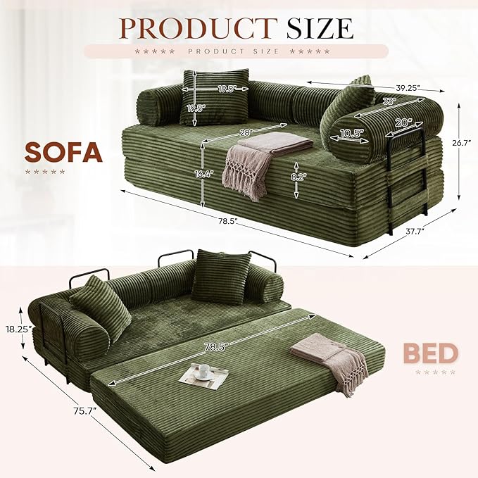 Modular Couch Bed Convertible Folding Plush Corduroy Comfy Floor Memory Foam Compression Loveseat Sleeper Sofa Couch King Size Bed for Guest Room Living Room Bedroom No Assembly Required Green