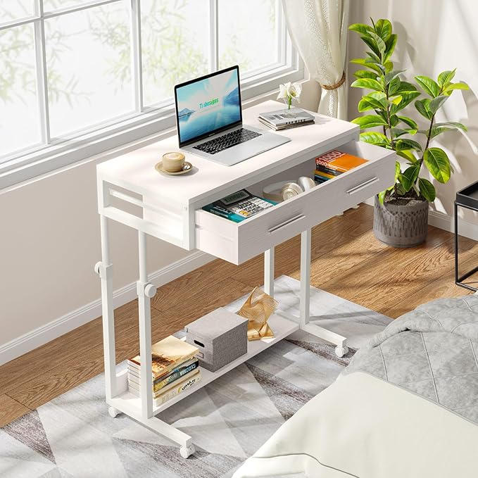 Tribesigns Portable Desk with Drawers Mobile Laptop Desk with Wheels Sofa Side Table Bed Desks Small Standing Desk for Home Office (White)