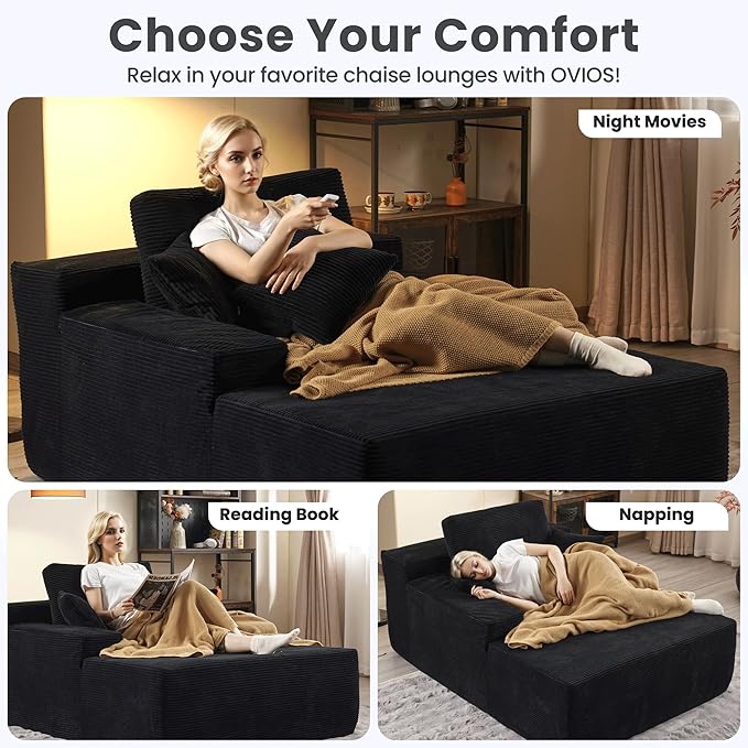 ovios 67'' Chaise Lounge Chair Indoor Oversized Upholstered Sofa Bed Sleeper Couch Reading Chairs Fluffy Plush Corduroy Cloud Sofas Couches for Living Room Black