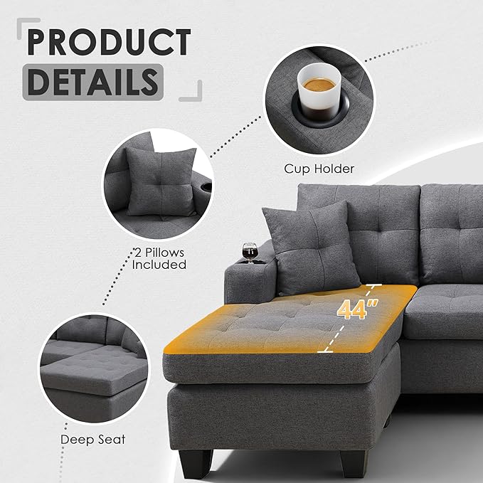 Wakefit Sectional Sofa Couch Modern 4-Seaters Living Room Furniture Sets with Reversible Chaise Lounge &amp 2 Pillows | L Shape Couch | Cup Holders | Linen Fabric Gray
