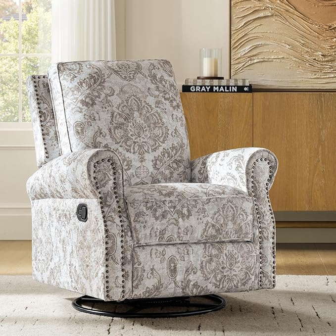 HULALA Home Modern Rocker Recliner Printed Fabric Swivel Glider with Adjustable Backrest &amp Footrest Beige
