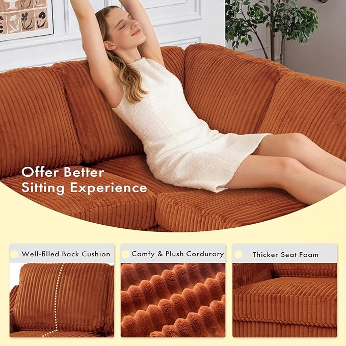 89 Inches Corduroy Sectional Sofa with High Density Sponge Modern 5 Seats Corner Couch with Deep Seat Comfy Modular L Shaped Couch with Comfortable Back Cushions for Living Room Orange
