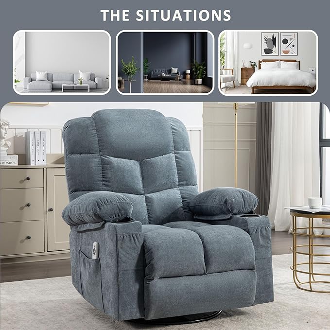 360 Swivel Massage Boy Recliner Chair with 2 Cup Holders Heated &amp Massage Function Adjustable Backrest USB Port &amp 2 Side Pockets for Adults (Blue)