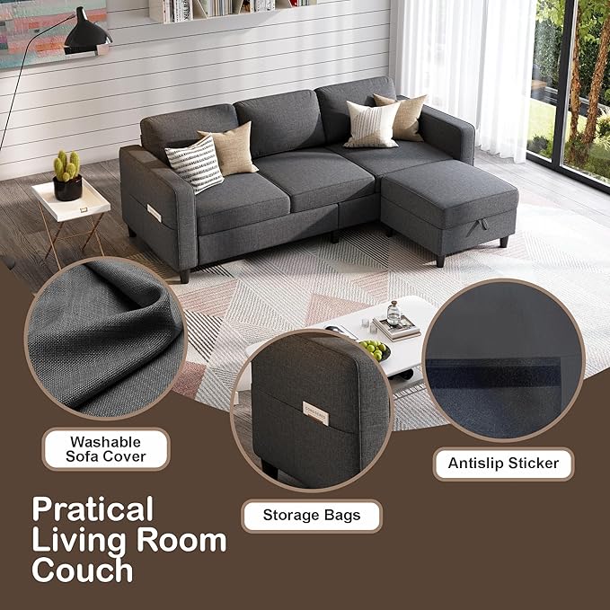 Sectional Sofas Couches for Living Room 78 L-Shaped Small Couch - Modern Linen Dark Grey Sofa with Storage Ottoman for Apartments Studios Home Offices Small Space