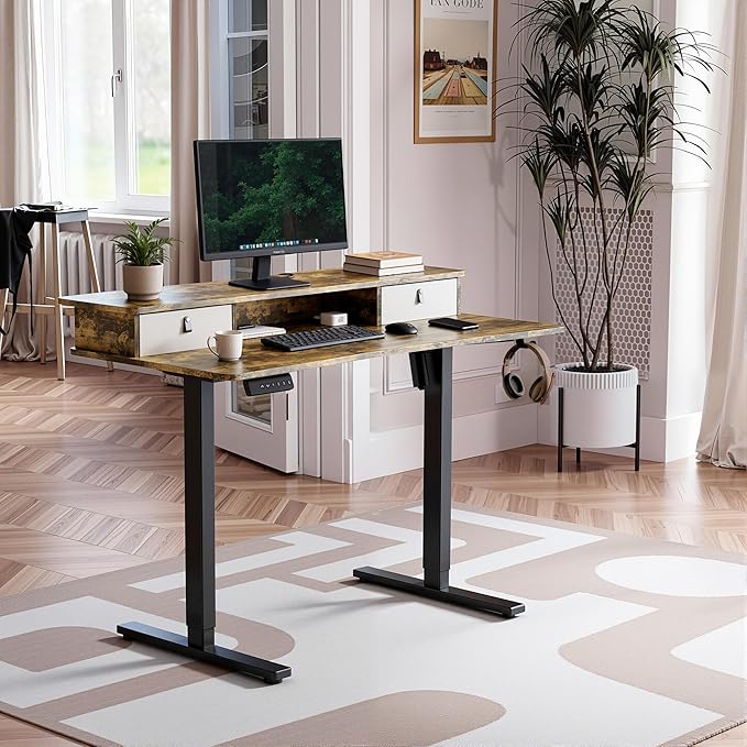 MSZ Sit &amp Standing Desk Adjustable Height Electric Sit Stand Up Down Computer Table 48x24 Inch Ergonomic Rising Modern Lift Motorized Gaming Desktop Work Home Office (Brown-Single Bookcase)