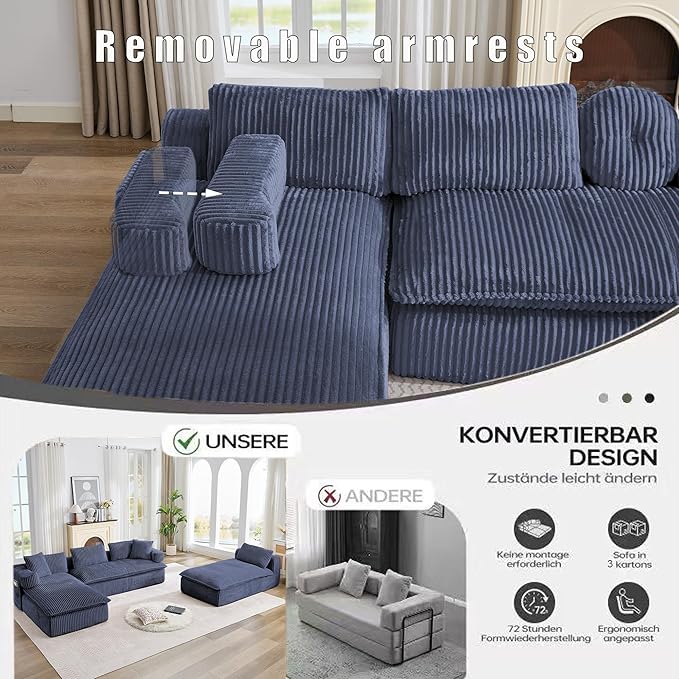 149 Oversized Boneless Couch U Shaped Sectional Couch for Living Room Furniture Cloud Corduroy Sofa Bed with Double Chaise Side Storage and Lumbar Pillow No Assembly