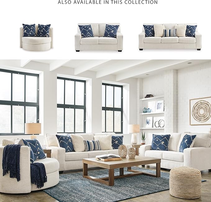 Signature Design by Ashley Padova Transitional Upholstered Swivel Accent Chair Reversible Seat Cushion 3 Complimentary Accent Pillows 360-Degree Swivel Ivory Fabric