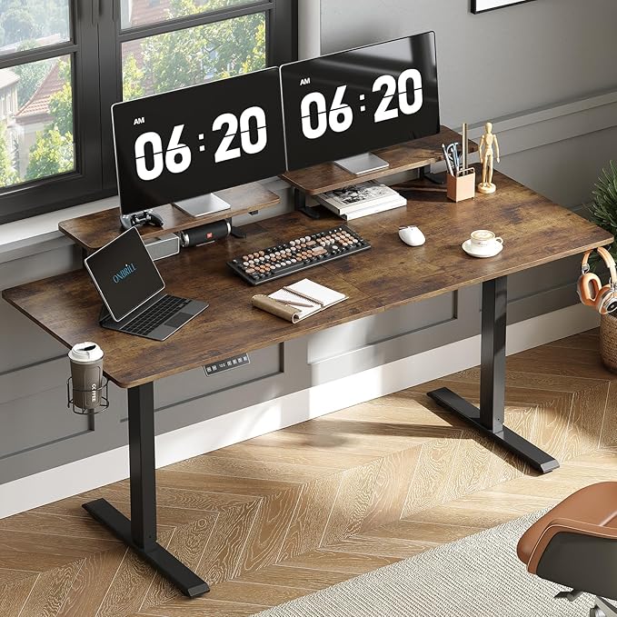 ONBRILL Standing Desk with 2 Adjustable Monitor Shelves 63 x 24 Inches Electric Stand Up Desk with Memory Controller and Adjustable Height from 28-46 inches for Computer Workstations Rustic Brown