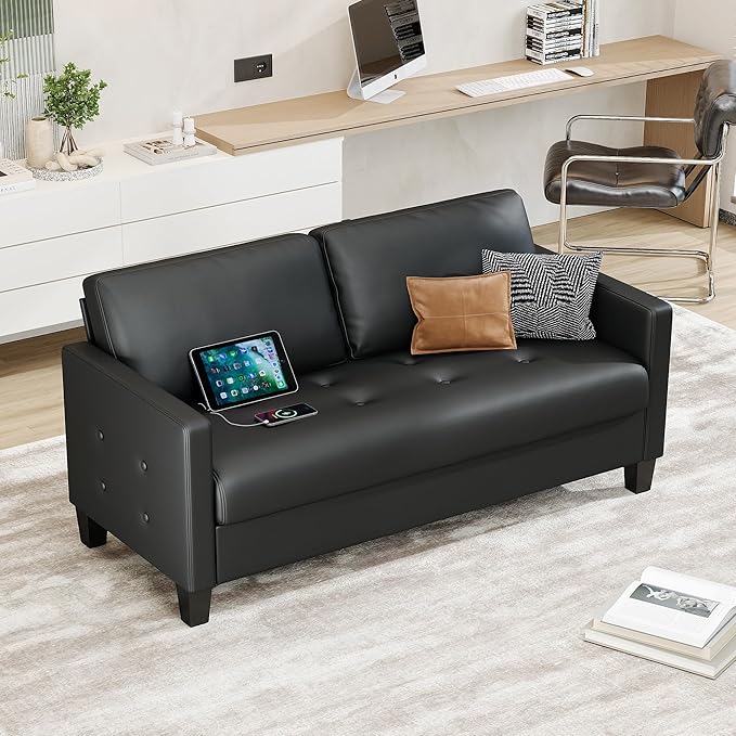 STHOUYN 59 Black Faux Leather Sofa Couch Modern Comfy Office 2 Seater Couch Loveseat with Tufted Armrest and USB Small Love Seat Couches for Living Room Apartment Bedroom