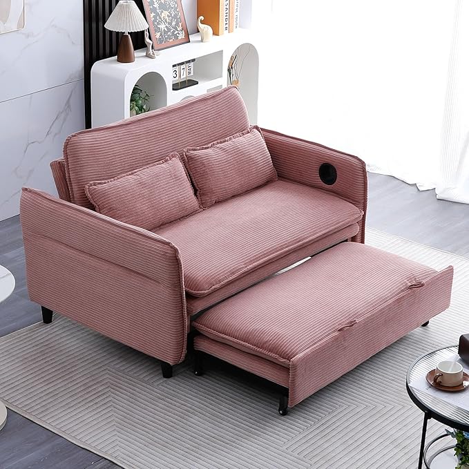 3 in 1 Convertible Sleeper Sofa Bed Loveseat Sleeper 65” Pull Out Couch Adjustable Armrest and Backrest with 2 Pillows for Living Room Bedroom (Pink)