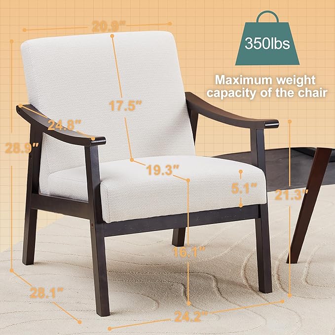 Mid-Century Accent Chair Upholstered Fabric Living Room Chair with Solid Wood Frame Modern Small Side Arm Chairs Comfy Wingback Reading Chair for Bedroom Office (Ancient White)