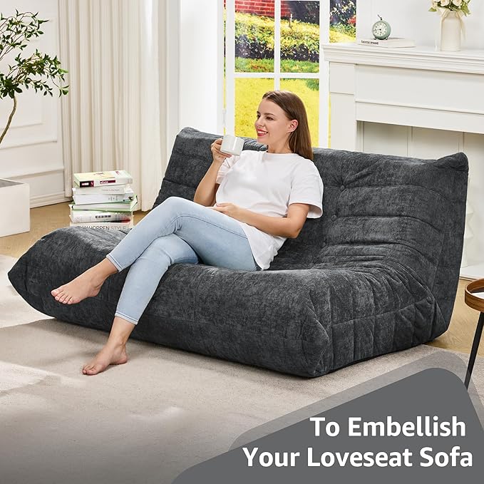 Bean Bag Chairs for Adults Giant Bean Bag Chair Memory Foam BeanBag Chair Bean Bag Sofa with Filler Faux Fur Fireside Beanbags Lazy Sofa for Living Room Bedroom Office (Darkgrey Chenille Loveseat)