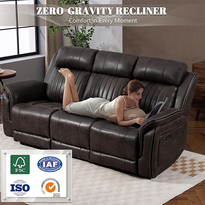 Zero Gravity Power Recliner Sofa Couch – Electric Reclining Sofa with Drop Down Table 3 Seater Dual Reclining Couch with Adjustable Headrests for Living Room (Foil Fabric Brownish Gray)