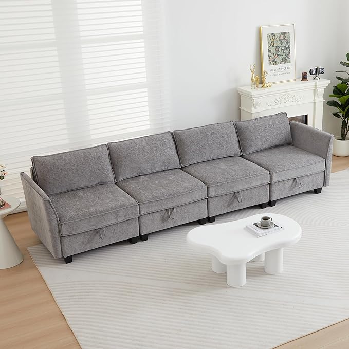 Modular Sectional Sofa Convertible Couch with Storage 4 Seater Sofa Modular with Reversible Chaise for Living Room Office (Grey)