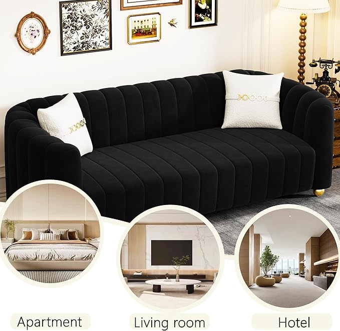 83 Black Velvet Couch Modern Sofas for Living Room Velvet Sofa 3 Seater Solid Wood Frame with Gold Metal Legs and Two Pillows Comfy Black Gold Sofa