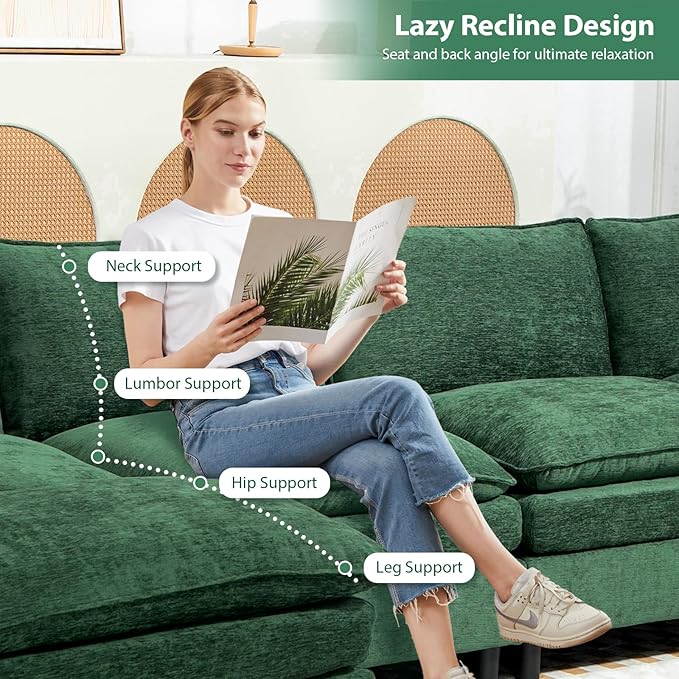 Chenille Modular Sectional Sofa 111.8'' Comfy Cloud Sofa Couch with Remove Ottoman Large L-Shaped Sofa for Living Room Extra Deep Seat Sofa with Pillows DIY Green